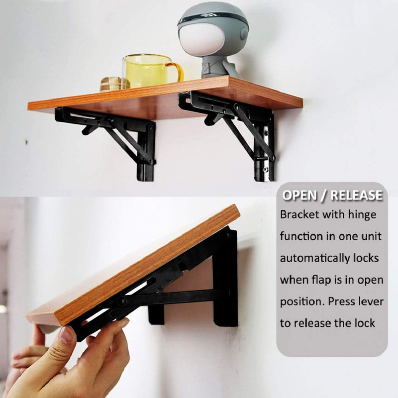 Jolitac Black Paint Folding Shelf Brackets 18â€ - Heavy Duty Metal Collapsible Shelf Bracket for Bench Table, Shelf Hinge Wall Mounted Space Saving DIY Bracket, Max Load: 450lbs (18 inch, Black) - Image 5